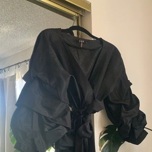 Black Rouche puff sleeve wrap top